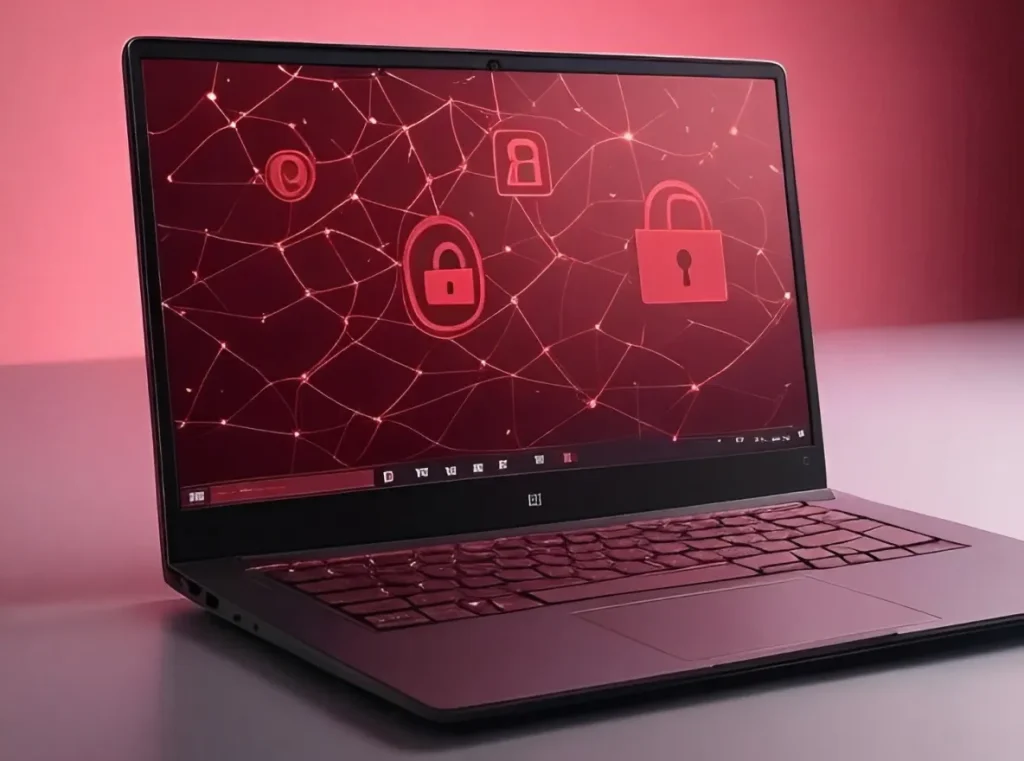 تصویر دیجیتال قرمز رنگ از آموزش نصب V2Ray در ویندوز ۱۰ و ۱۱ با نمایش لپ‌تاپ، اتصال رمزنگاری‌شده و نماد امنیتی